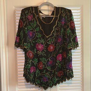 LAURENCE KAZAR SEQUIN ROSE TOP SCALLOPED POINT SLEEVE BOTTOM RUFFLE CRUISE WEAR